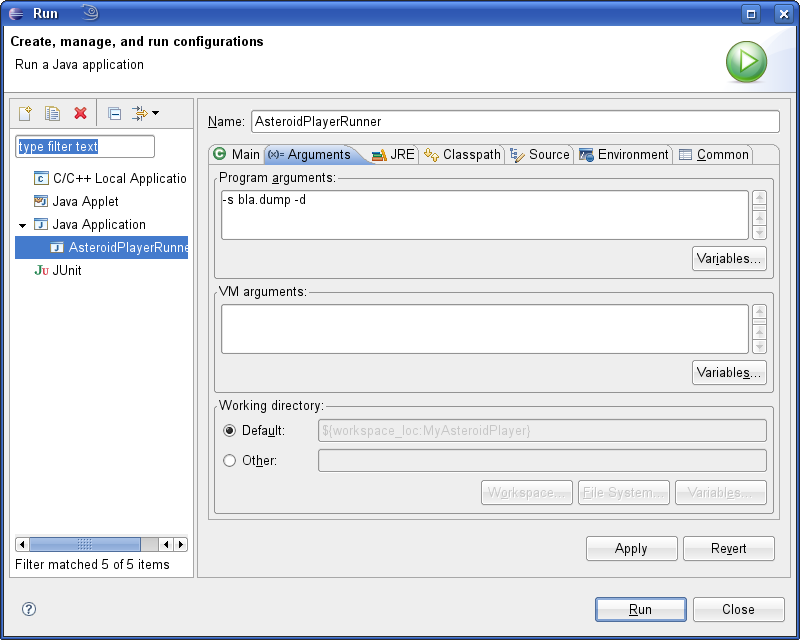 Screenshot: Programmargumente